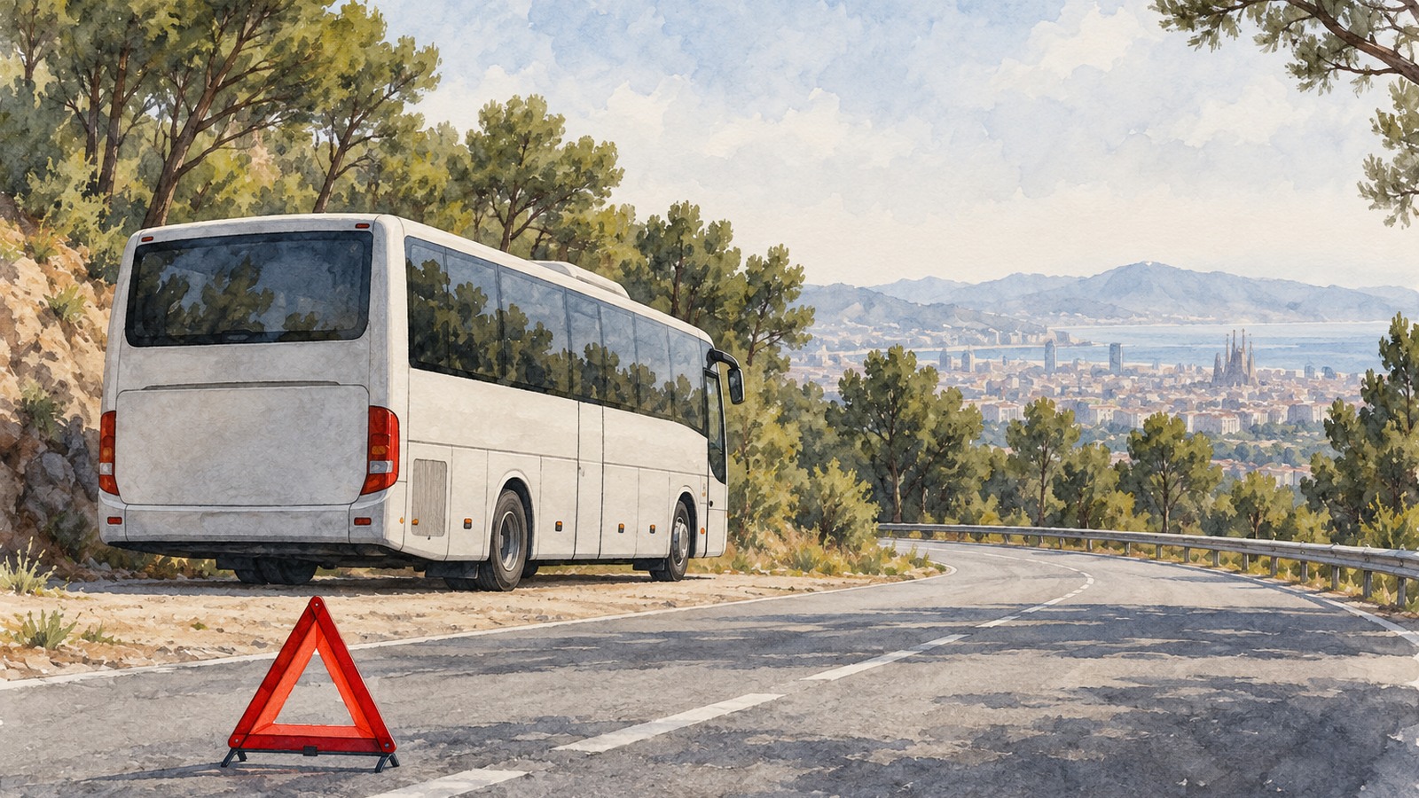 Ilustrație editorială originală despre Autobuz căzut de pe un terasament lângă Barcelona. Zeci de persoane afectate, bilanțuri provizorii diferite