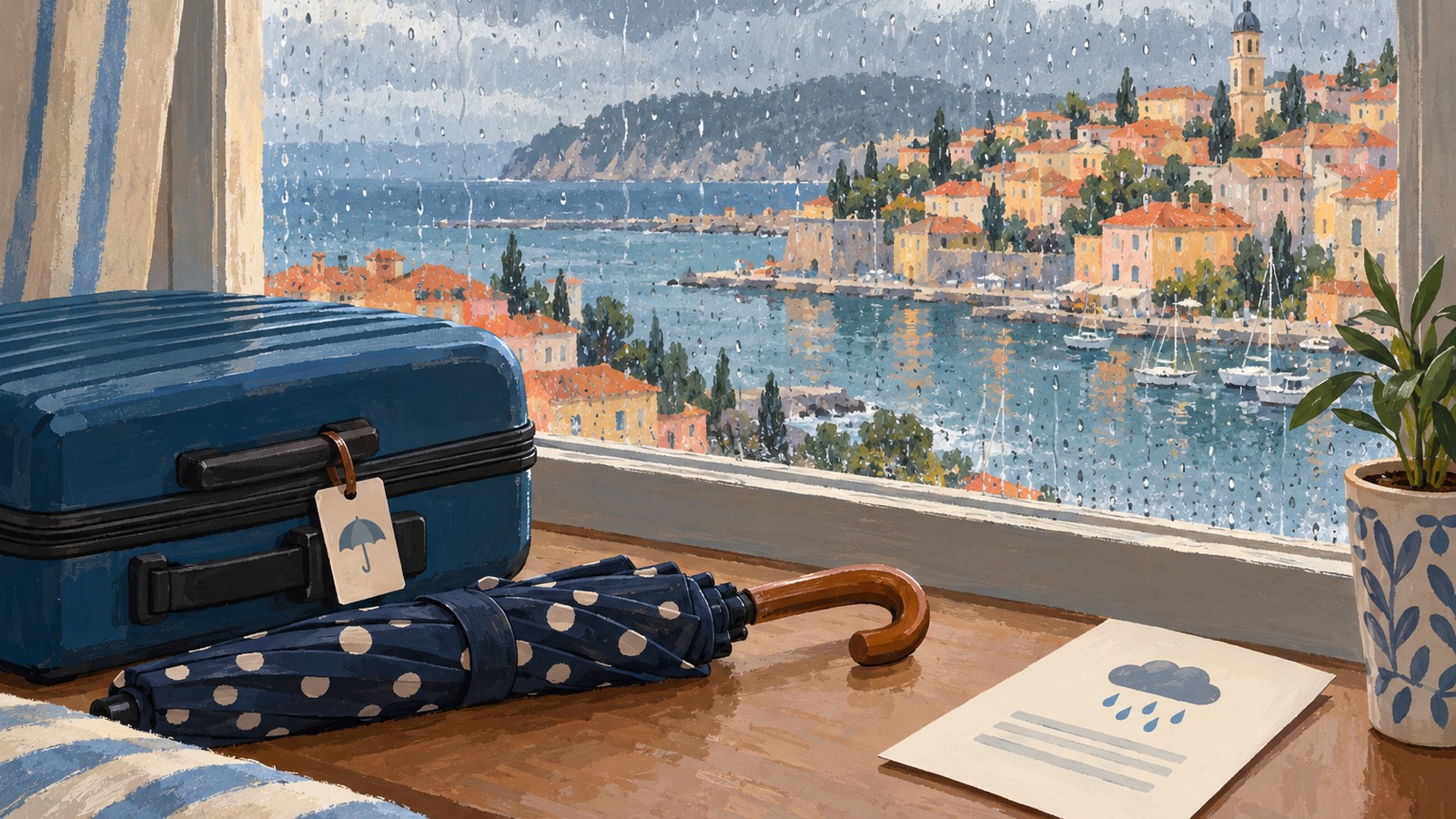 Ilustrație editorială originală despre Airbnb pune ploaia în poliță: despăgubirea depinde de pragul meteo și de eligibilitate